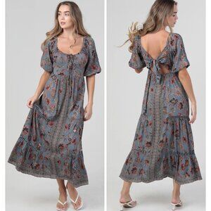 Angie Lace Trim Open Tie Back Short Sleeve Maxi Dress Size Medium